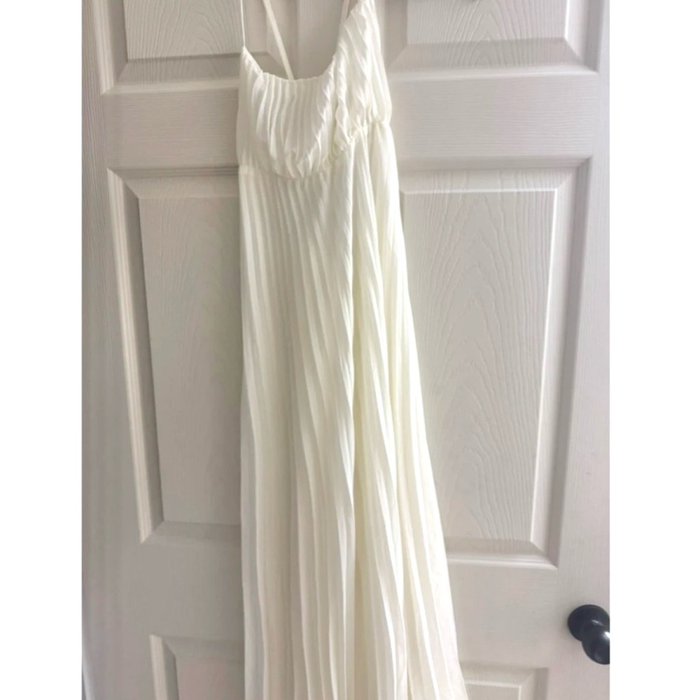 Cream Pleated Maxi Babydoll Dress Open Back Flowy Skirt Tie Straps Lined - Picture 12 of 16